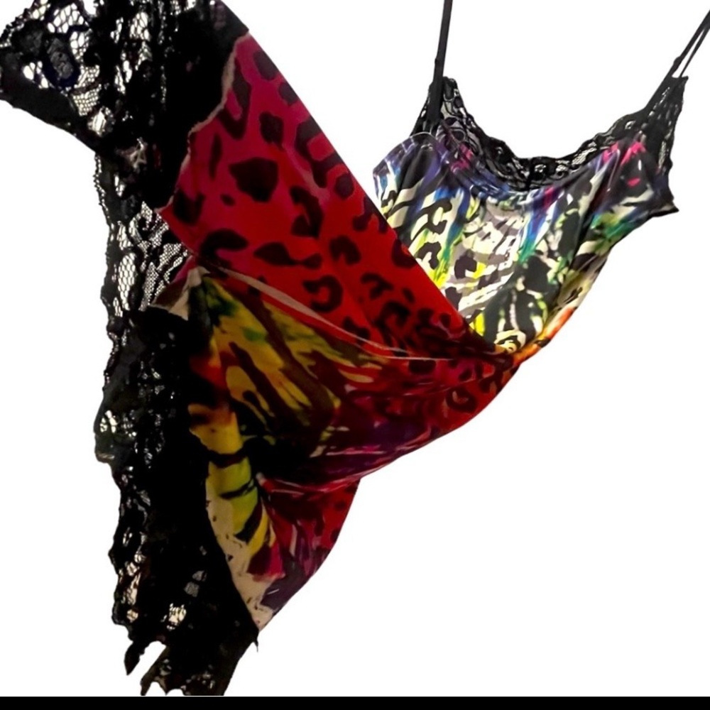 F21 Slip-Dress Vintage Rainbow Color-Burst w Black Lace Hem Baby-Doll Nighty